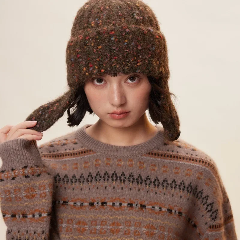 

Korean Woolen Mixed Flower Yarn Knitted Bomber Hat Autumn and Winter Thickening Warm Ear Protection Women Outdoor Skiing Hat