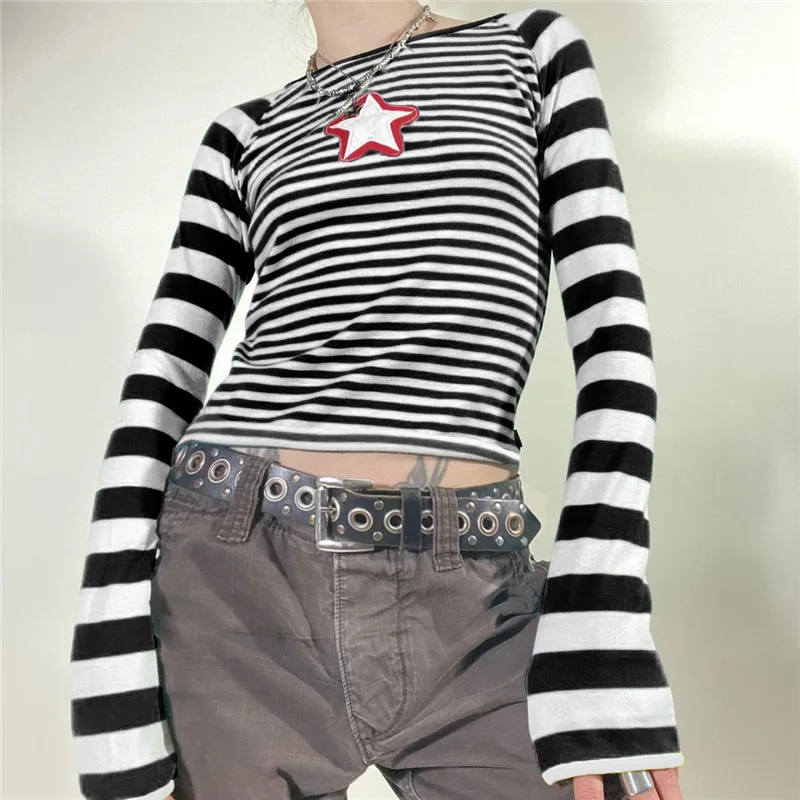 90s Vintage E-girl Emo Clothes Striped long sleeved T-shirt Y2K Grunge Knitted Autumn Tees Harajuku stars graphical Tee Streetwe