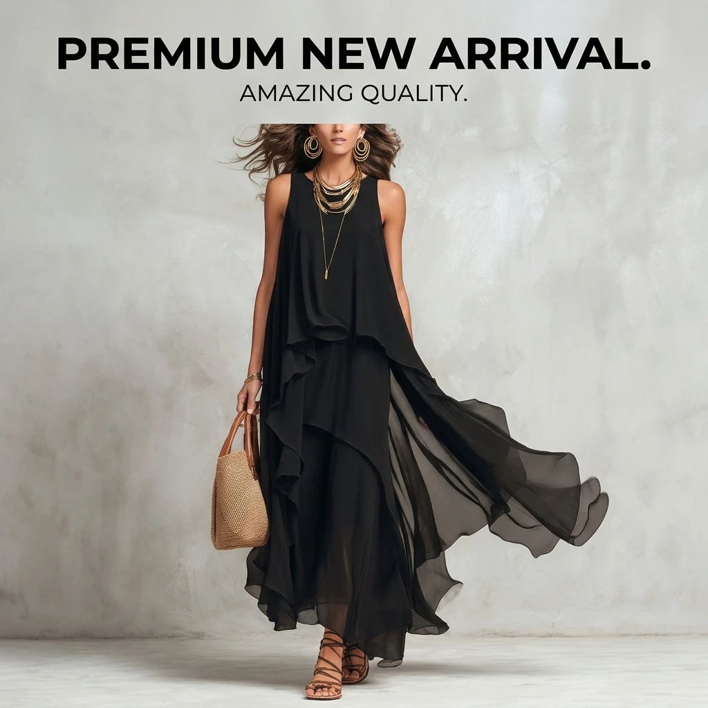 Maxi Dress 226 Women Black Sleeveless Irregular Layered Hem Chiffon Elegant Flowy Long Dress