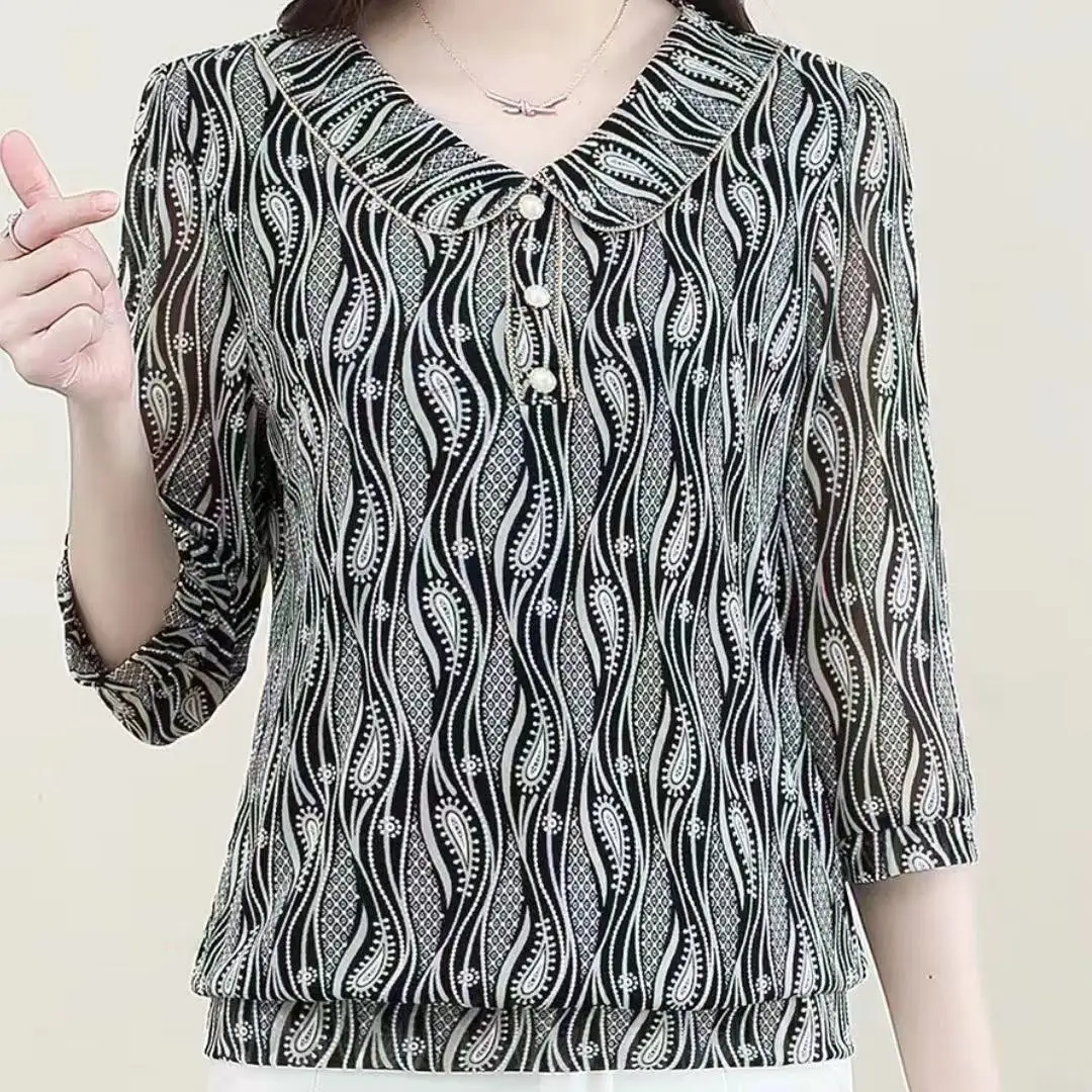 Spring Summer Women Vintage 3/4 Sleeve T-shirt Korean Clothing New Fashion Elegant V-Neck Loose Bottoming Pullover Casual Tops