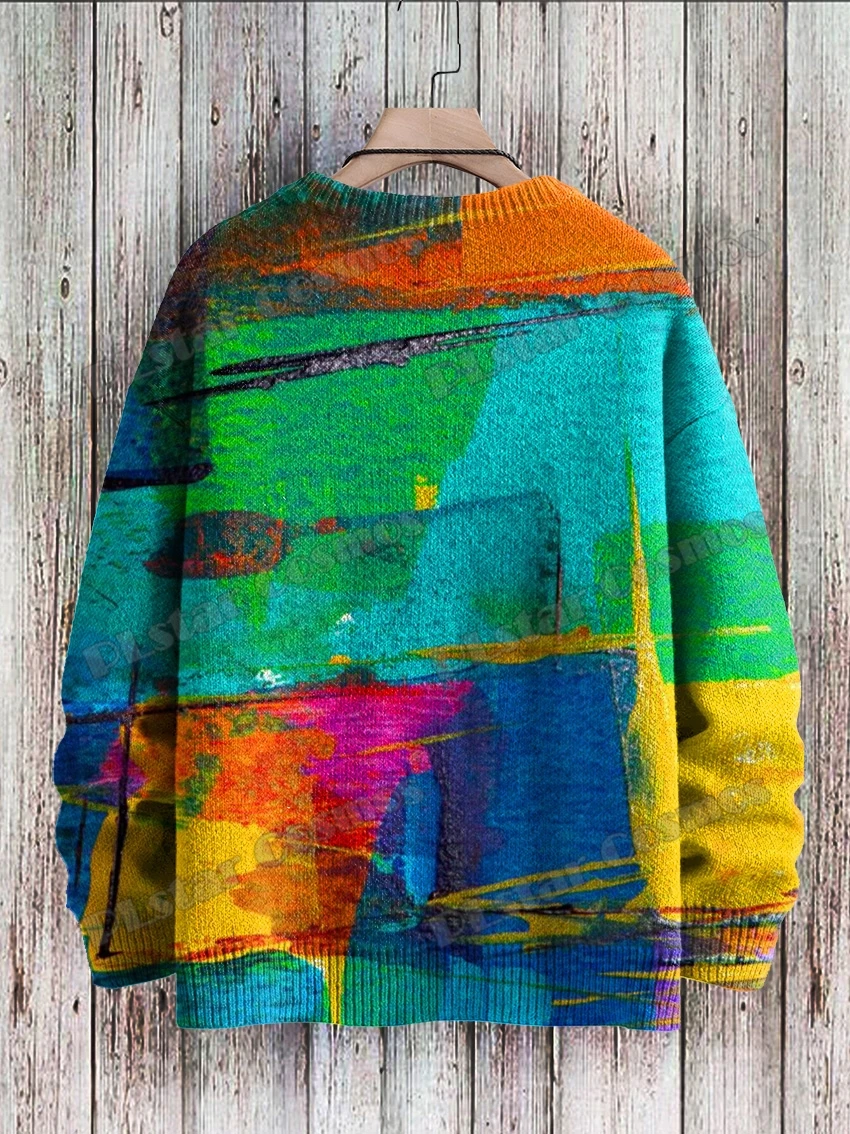 Vintage Gradient Art & Multicolor Pattern 3D Printed Men's Knitted Pullover Winter Unisex Casual Knit Pullover Sweater MYP22