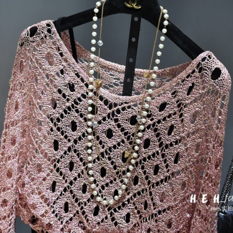 Herfst Kleding Voor Vrouwen 2024 Mode Sexy Pailletten Hol Losse Goud Heldere Zijden Jurk Vleermuizen Lange Mouwen Ronde kraag Breien