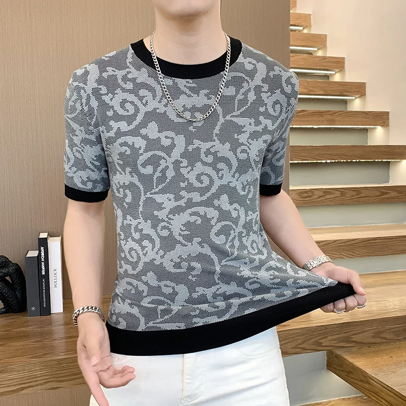 2024 Summer Jacquard Knitted T-shirts Men’s Short Sleeve Casual Tshirts Elastic Round Neck Business Social Tee Streetwear