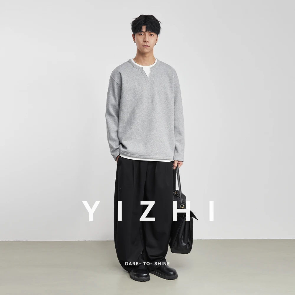 

Fashion Men's Fleece-Lined Faux Two-Piece Crew Neck Sweatshirt 2025 Winter New Loose Casual Trendy Pullover