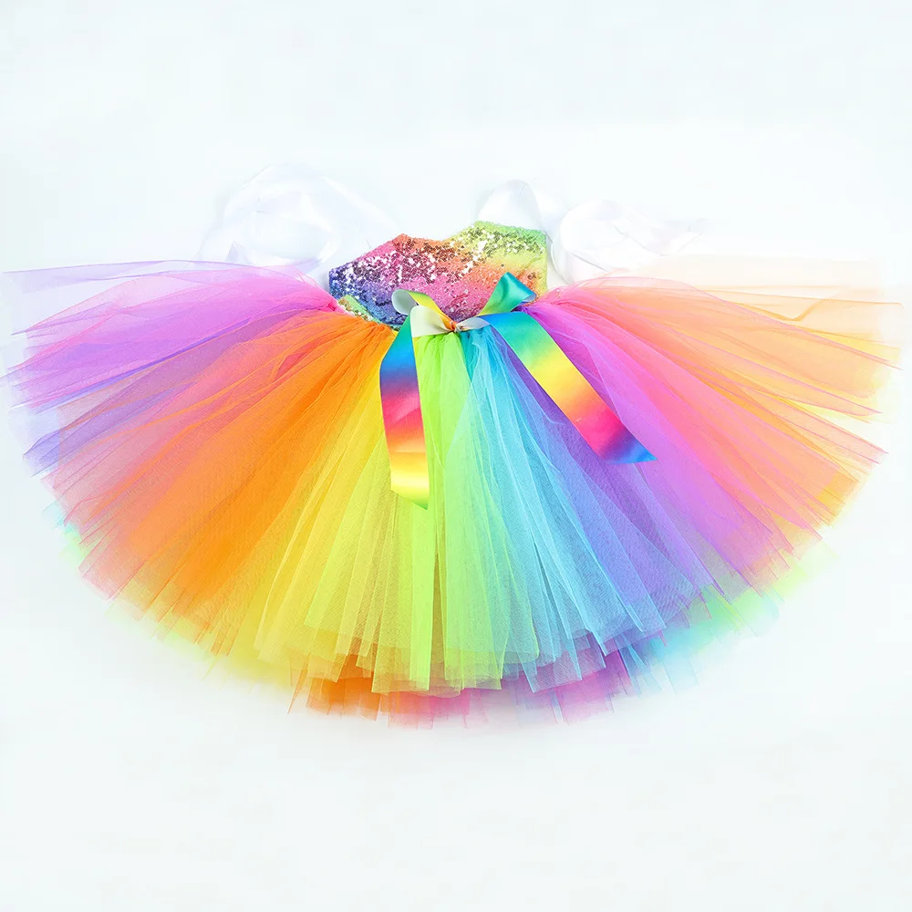 

Rainbow Sequins Tutu Dress Gradient Fluffy Mesh Sleeveless Stage Performance Birthday Wedding Holiday Pageant Princess Outfit