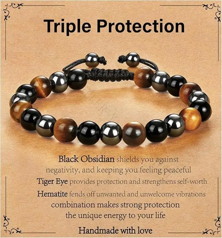 R7UF Obsidians Crystal Tigers Eye Adjustable Closure Spiritual Bracelet