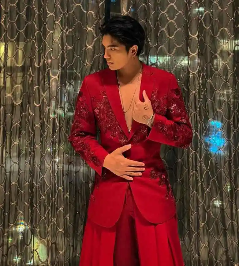 Rode Bloemen Heren Pakken Applicaties Plooien Bruidegom Bruiloft Broek Sets Slim Fit Party Modeshow Wear 2-delig Op maat