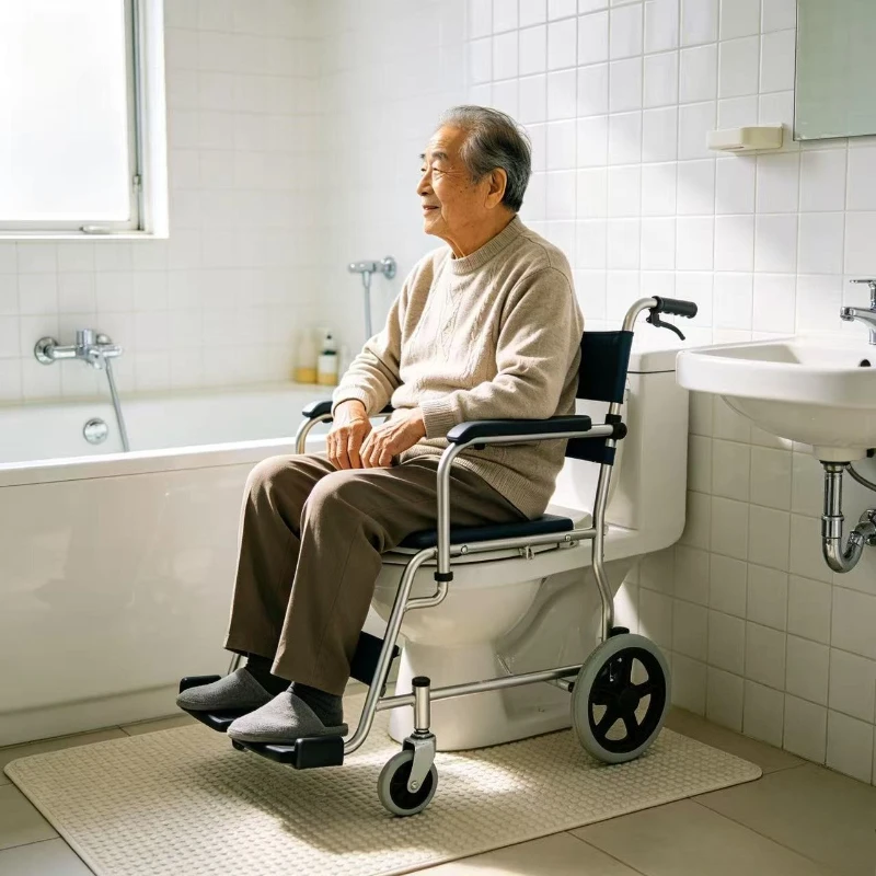 Foldable Bathroom Chair and Mobile Commode Shower Wheelchair for Elderly Handicapped Versatile Bathroom Chair Rotatable Handrail