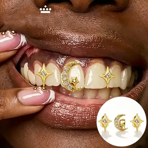 Style Hip Hop Grillz 3pcs Set Shiny Star Moon Synthetic Cubic Zirconiaia Multi Tooth Cover for Men Rapper Performance
