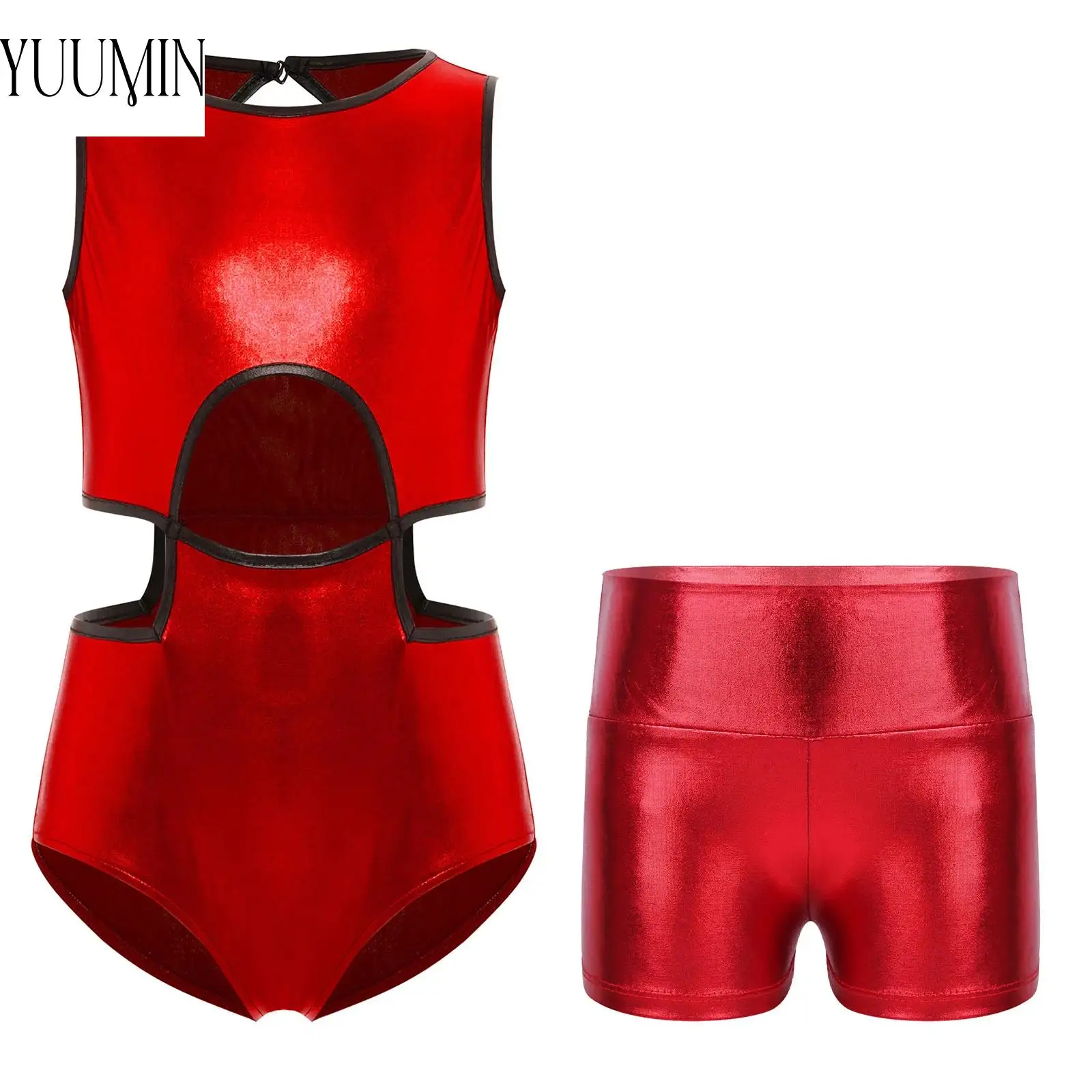 

Kids Girls Gymnastics Dance Performance Outfit Sleeveless Keyhole Back Leotard with Shorts 2-Piece Set for Figure Ice Skating