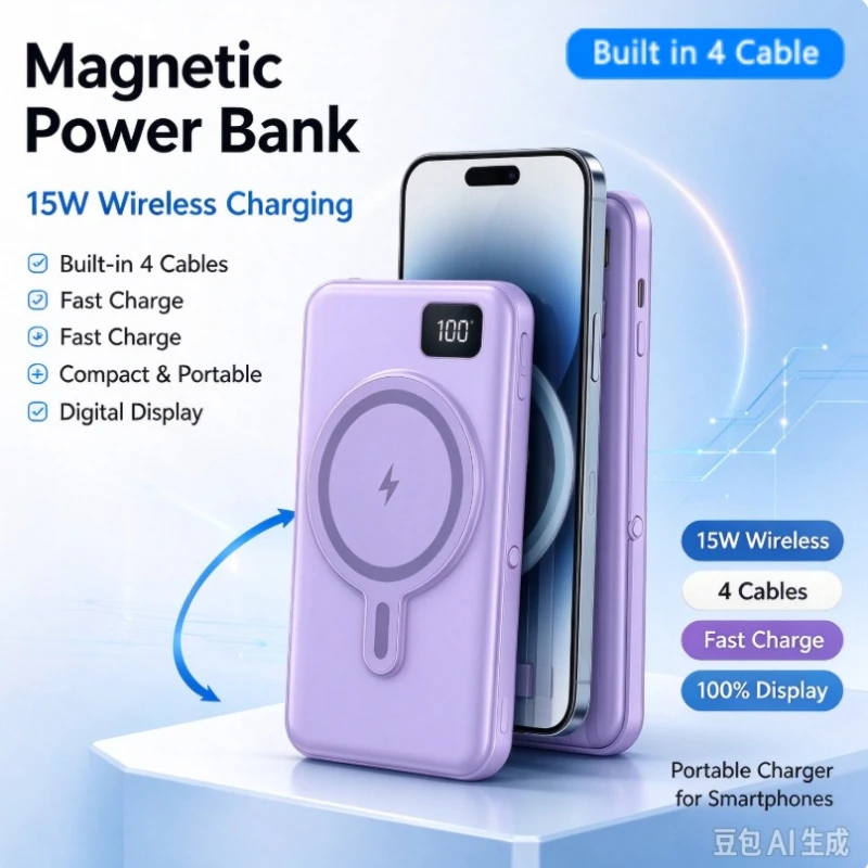 20000mAh Magsafe Power Bank Magnetic Wireless Powerbank With Cable Stand for iPhone 16 Xiaomi Samsung Portable Induction Charger
