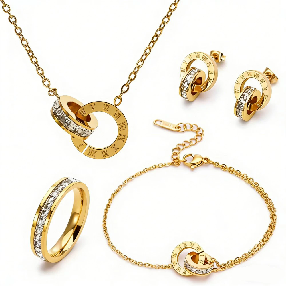 Classic Roman Numeral Zircon Inlay Double Ring Earrings Necklace Bracelet Ring Size 7 Diverse Combinations With Fashion Jewelry