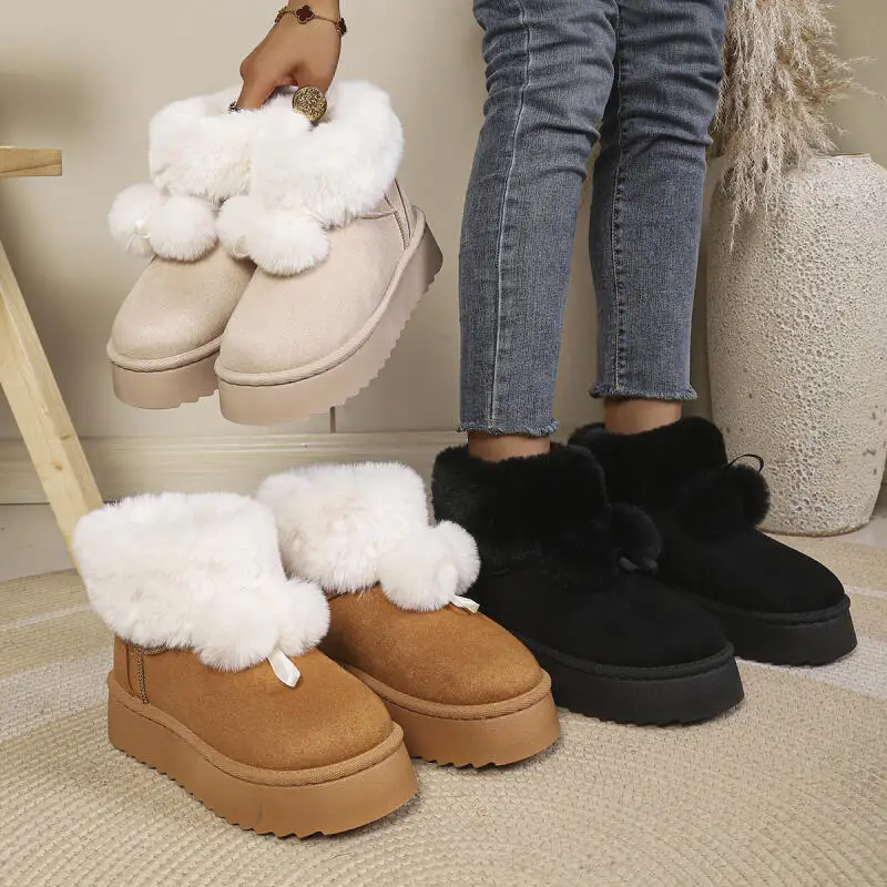 Cute Fluffy Fur Ball Thick Bottom Snow Boots Women Winter 2026 Warm Plush Suede Ankle Boots Comfort Platform Cotton Shoes Mujer view 6