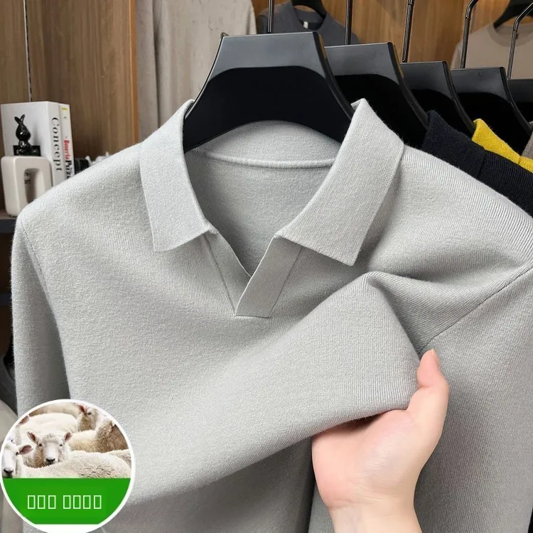 

Утепленная шерстяная вязаная рубашка с V-образным вырезом для мужчин, базовый слой, с воротником-стойкой, осень-зима, новая модель, повседневная, свободного кроя