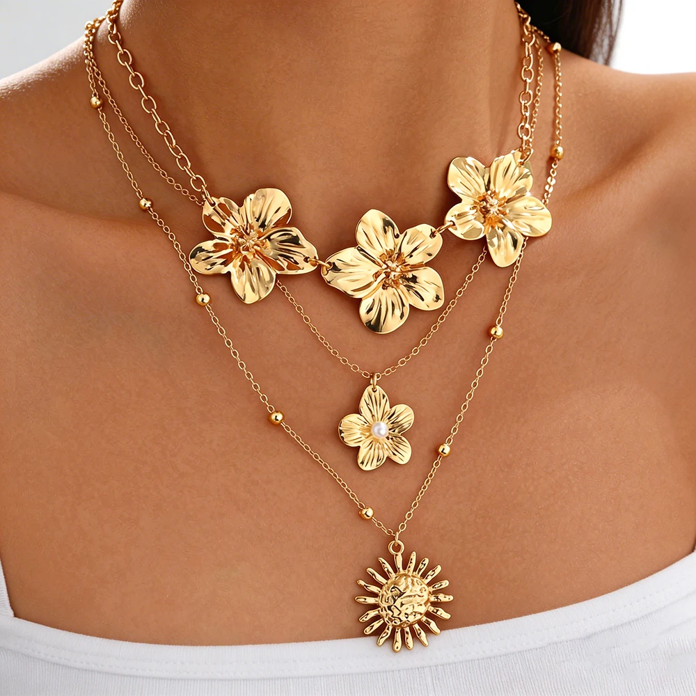 3Pcs Layered Gold Flower Sun Pendant Necklace Set for Women Faux Pearl Adjustable Dainty Boho Summer Beach Jewelry Gift