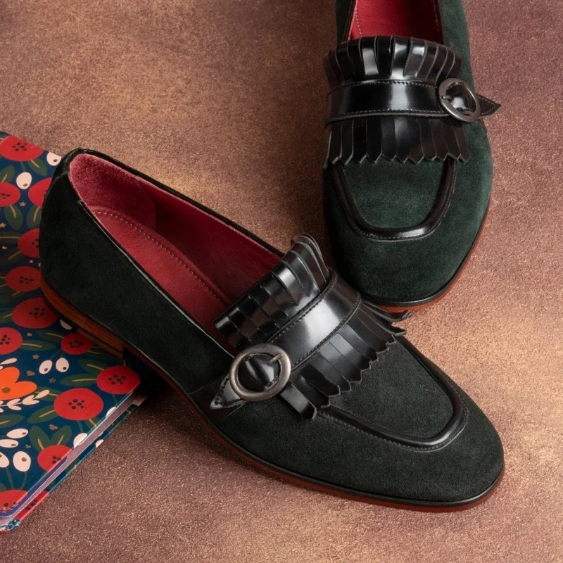 Green Men Formal Shoes Loafers Flock Tassels Slip-On Round Toe Party Wedding Shoes for Men  Size 38-46