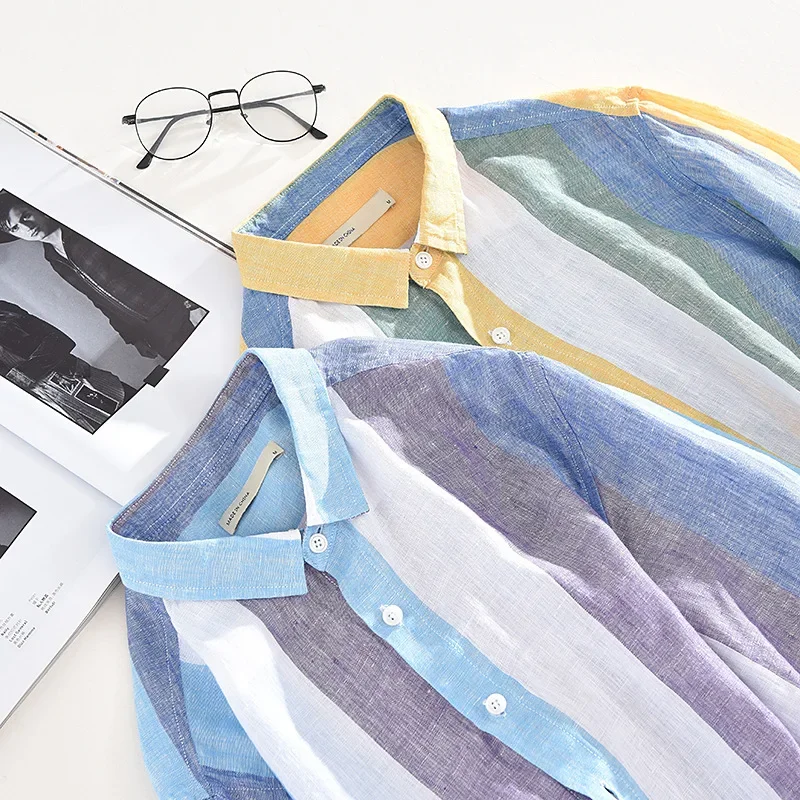 

Japan Fresh Striped Long Sleeve Shirt Men Spring Summer Breathable Top Beach 100% Linen Man Shirts Contrast Color Designer Shirt