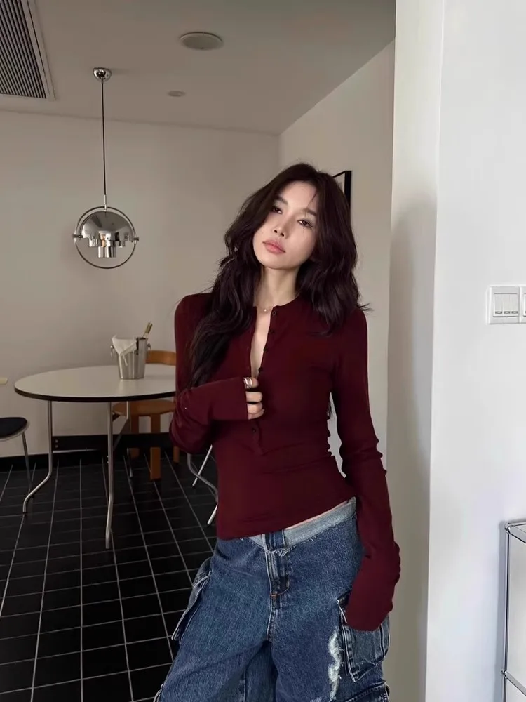 Women Henley Long Sleeve T Shirt Half Button V Neck Slim Fit Cropped Top Solid Color Basic Tees Casual Streetwear Finger Hole Lo