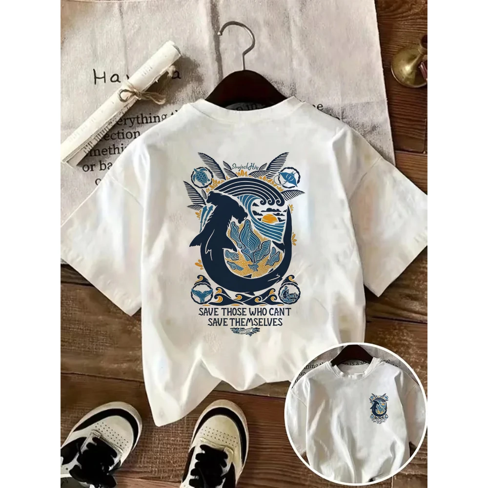 Vintage Hammerhead Shark T-Shirt Women Marine Life Graphic Tee Japanese Ocean Wave Print Loose Y2K Short Sleeve Harajuku Top