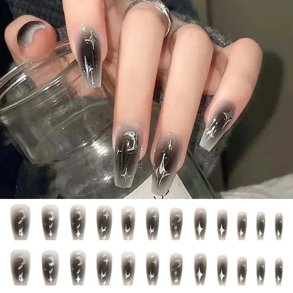 

New Long Ballerina False Nails Dark Star Moon Full Cover Nail Tips Detachable French Press on Nails Women Girls
