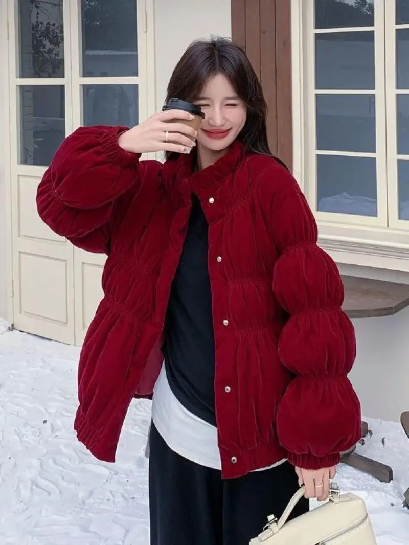 

Women's Coat winter autumn Jacket Outerwear Warm Fleece Lined Red Velvet Short Down Quilted Puff Sleeve Thick Fashion Coat