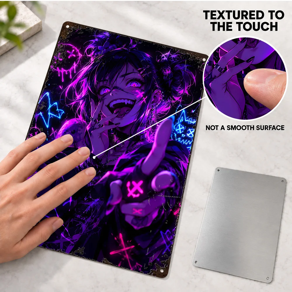 Rebel Anime Girl Portrait Textured Metal Poster Personalized Aluminum Sign Cyberpunk Neon Illustration Wall Art For Game Room