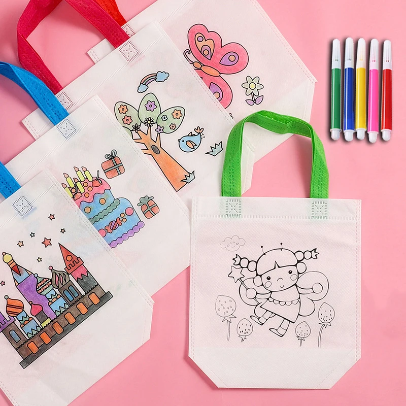 DIY Coloring Tote Bags Non-woven Fabric with Printed Design for Art Activity Reward Supplies Family Party  Art Supplies TMZ view 5