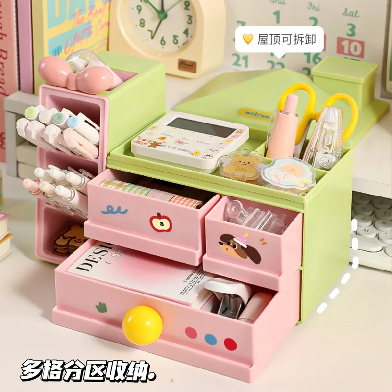Cute House Shape Desk Organizer with Drawers Slant Insert Pen Holder Stationery Storage Box for Girls School