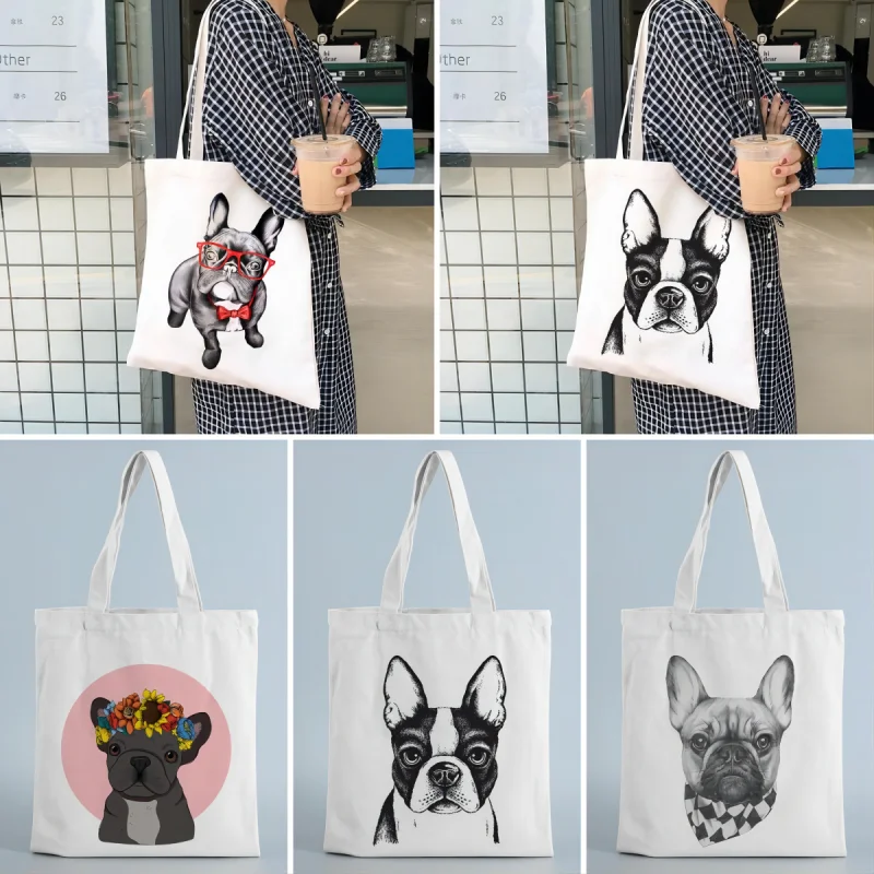 French Bulldog Print Shoulder Bags Women Large Capacity Graphic Shopping Bag No Zipper Girls Canvas Casual Harajuku Tote Handbag