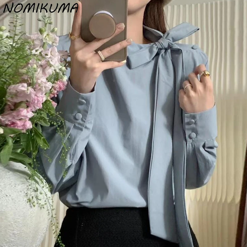 Nomikuma Korean Bow Bandage Stand Neck Blouse Causal Long Sleeve Fashion Solid Elegant Shirts 2023 New Blusas De Mujer