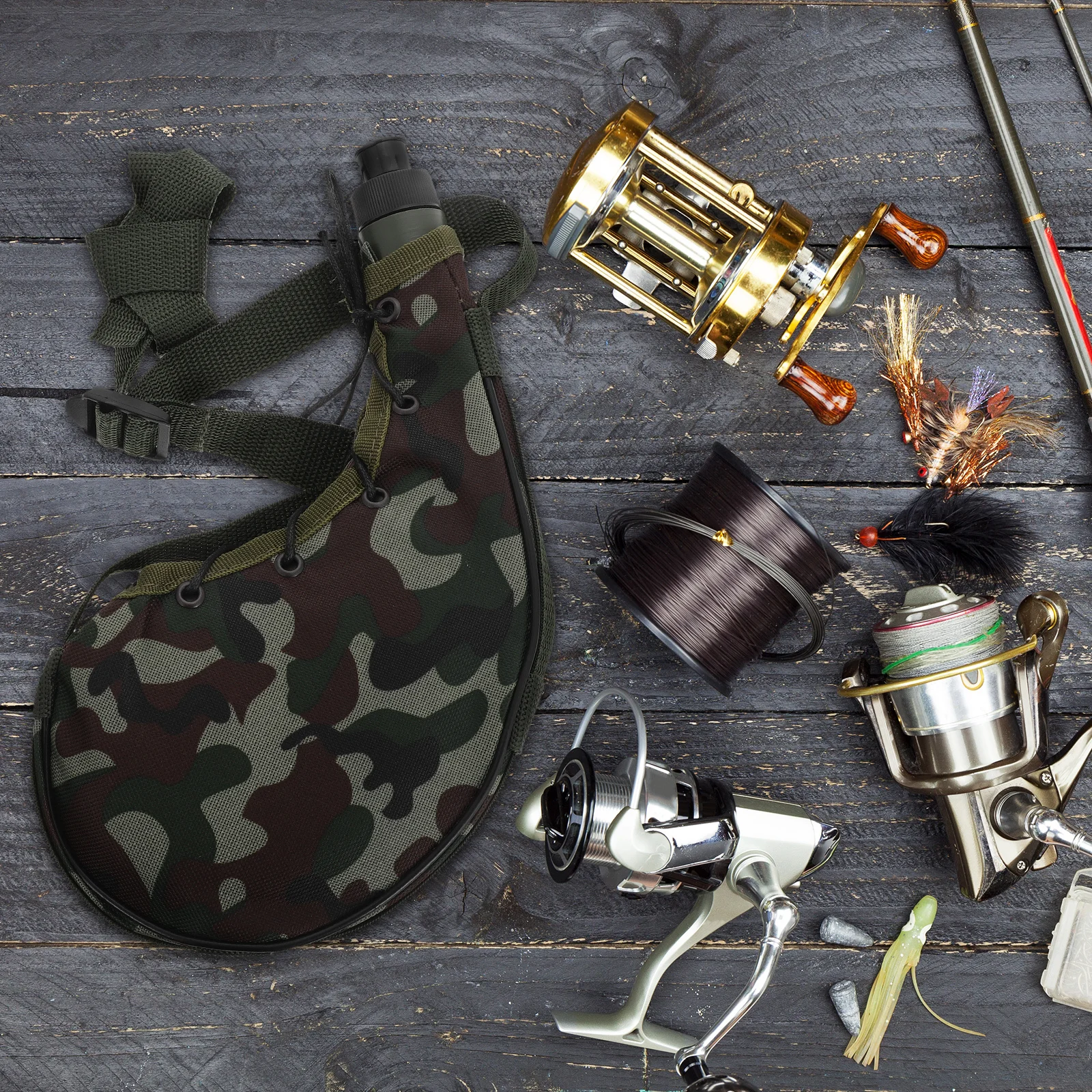 กระเป๋าใส่ขวดน้ำลายพรางสำหรับกีฬากลางแจ้งแบบพกพา ดีไซน์เข็มขัดคาดเอว ความจุขนาดใหญ่ เหมาะสำหรับการตั้งแคมป์ เดินป่า ปั่นจักรยาน ตกปลา