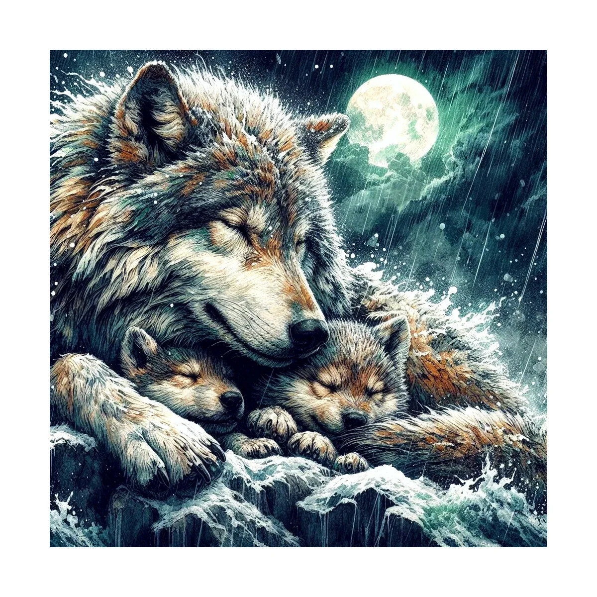1 Stück 40x40 cm/15,74 Zoll, 11Ct/14Ct Kreuzstich-Set, DIY Valentinstagsgeschenk, Stickerei-Set für Festlichkeiten, Wolfsbabys, Felsen, Mond, Regen – Detail 4
