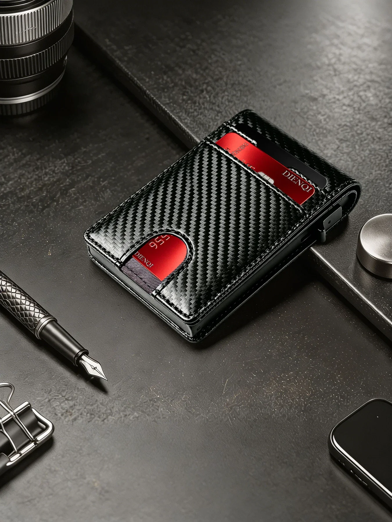 Kreditkartenetuis aus Carbon für Herren, Ausweishalter, Pop-Up-Metallgehäuse, Ausweiskartenhalter, Reisepasshalter, minimalistische Geldbörsen für Damen – Detail 1