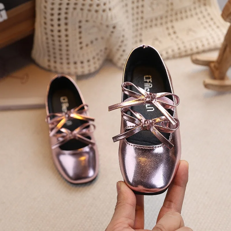 Princess Shoes for Girls New 2026 Fashion Double Bowknot Chic Children Mary Jane Shoes Gold Sliver Square Toe Elegant Kids Flats