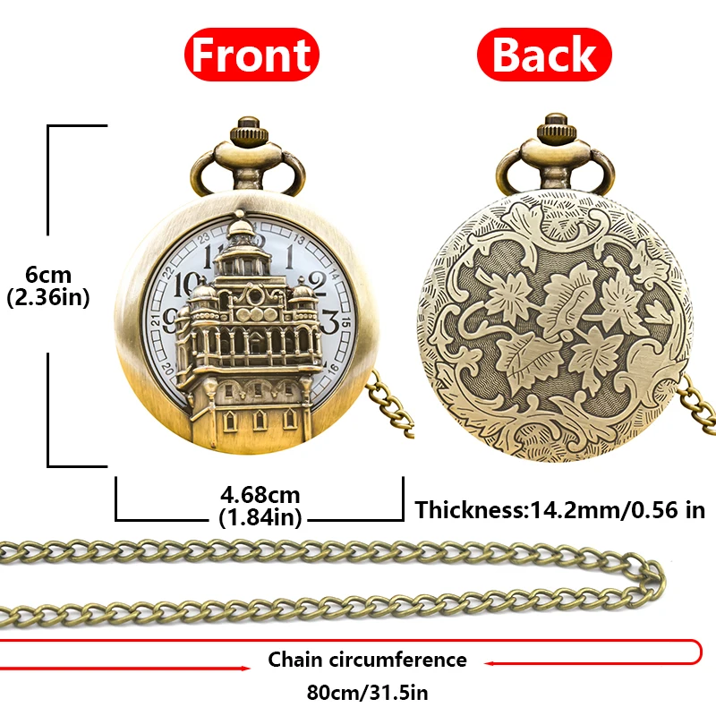 빈티지 청동 Steampunk 성 조각 된 석영 주머니 시계 목걸이 펜던트 시계 체인 남성 여성 체인 선물