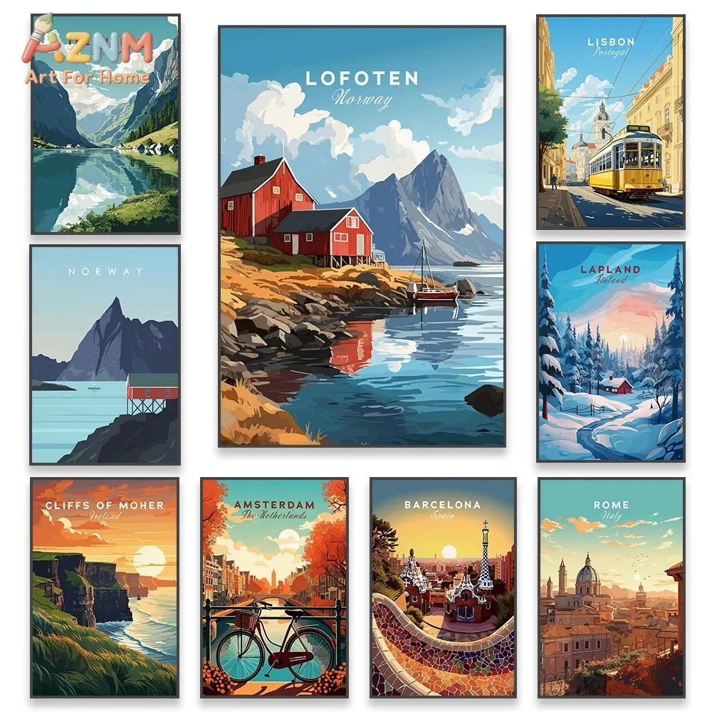 AZNM Vintage Europe Travel City Canvas Wall Art Norway Lofoten Lisbon Amsterdam Rome Scenic Landscape Retro Travel Print Unframe