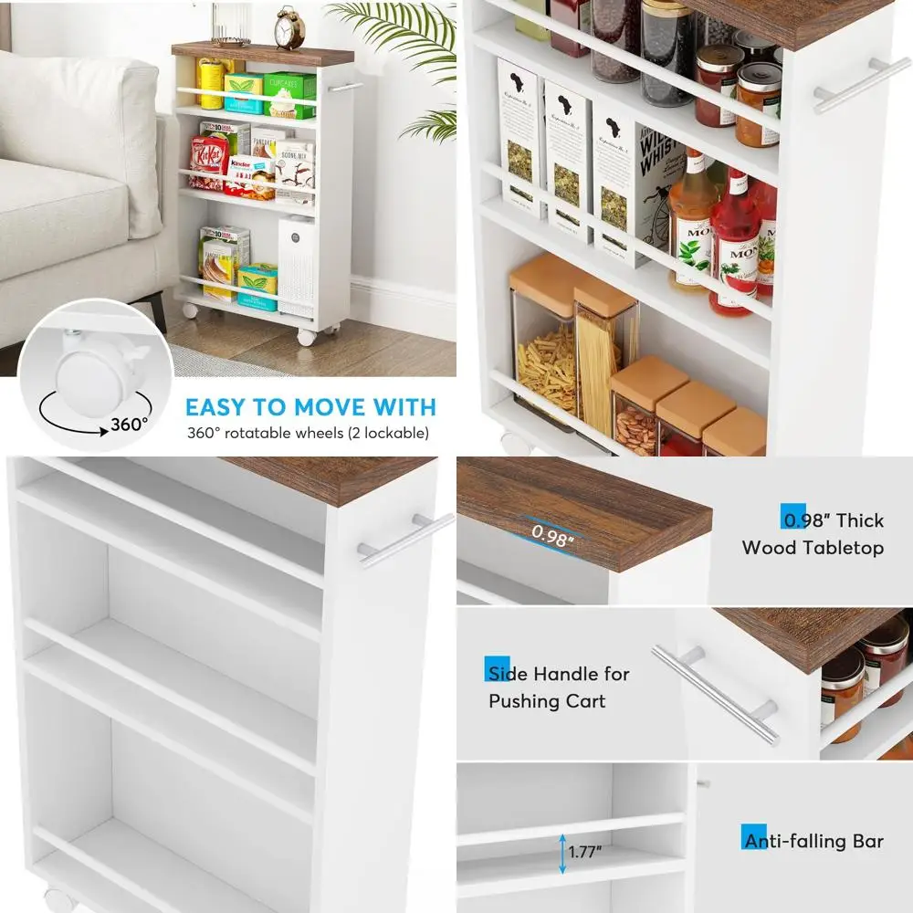 

Компактная 4-ярусная кухонная тележка на колесиках с выдвижными полками для компактного хранения на кухне, ванной комнате и стирке.