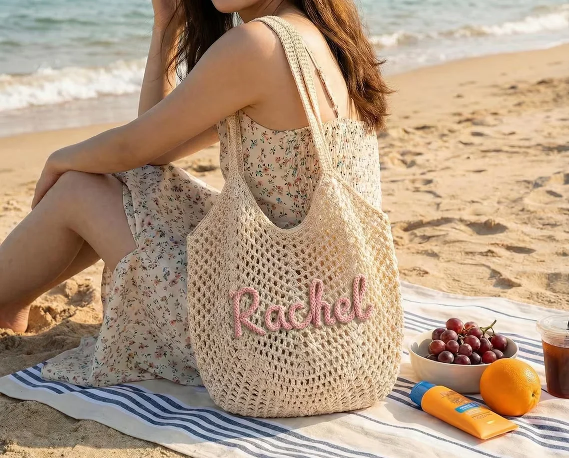 Personalized Crochet Beach Bag Summer Beach Tote Bridesmaid Gift Bag Bachelorette Trip Gift Handmade Eco-Friendly Bag
