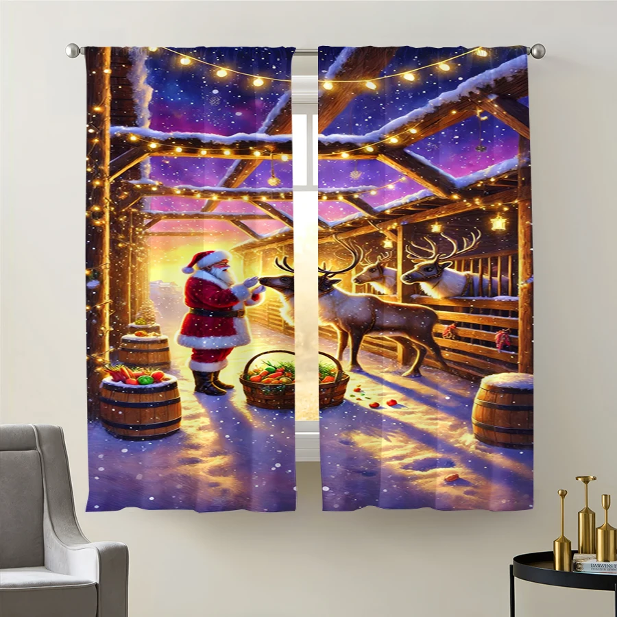 2PCS Christmas Winter Curtains, Santa Reindeer Barn, Digital Print, Bedroom Living Room, Rod Pocket, Polyester, Home Decor