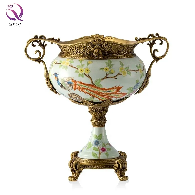 European Golden Brass Antique Flower Vases on Stand for Home Decor Luxury Ceramic Vase for Indoor Desktop Ornaments