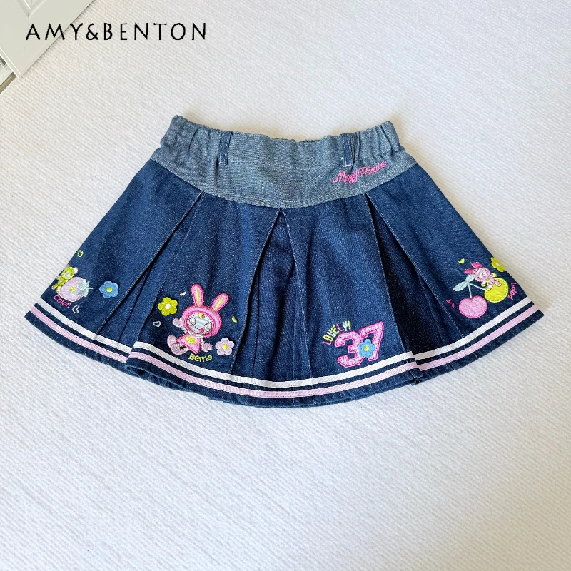 

2025 New Blue Cute Animal Embroidered Women's Half-body Denim Pleated Skirt Original Sweet Cute Age-reducing Mini Skirts Ladies