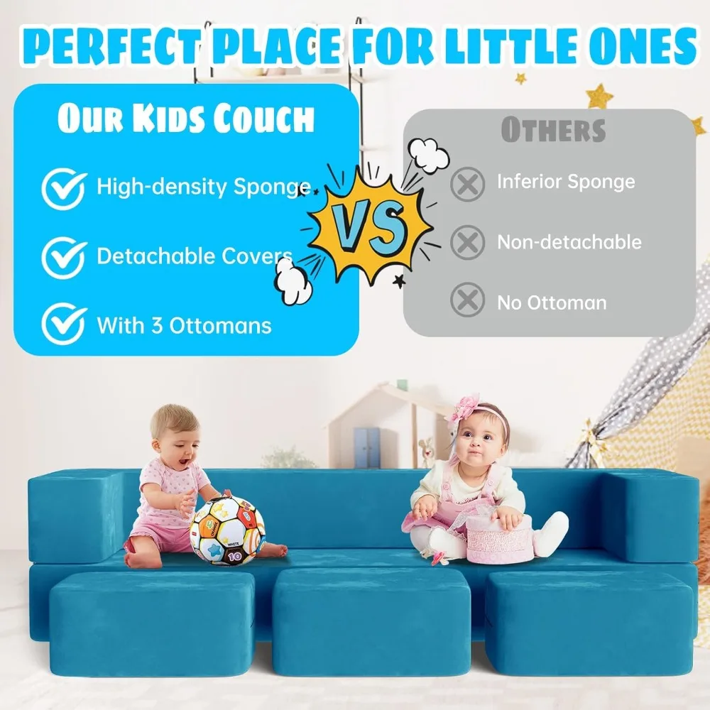 Modulare Kinderspielcouch, 5-in-1-Kindercouch mit 3 Ottomanen für das Spielzimmer, Schlafzimmer, extra große modulare Kindercouch für Jungen