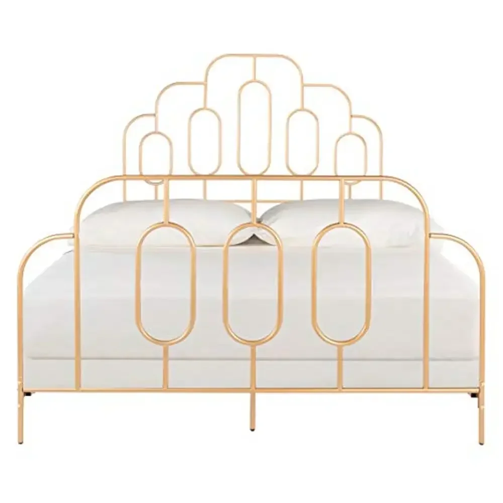 Metal Retro Gold Queen Bed Sturdy Constructed Curves Headboard Footboard 82.3