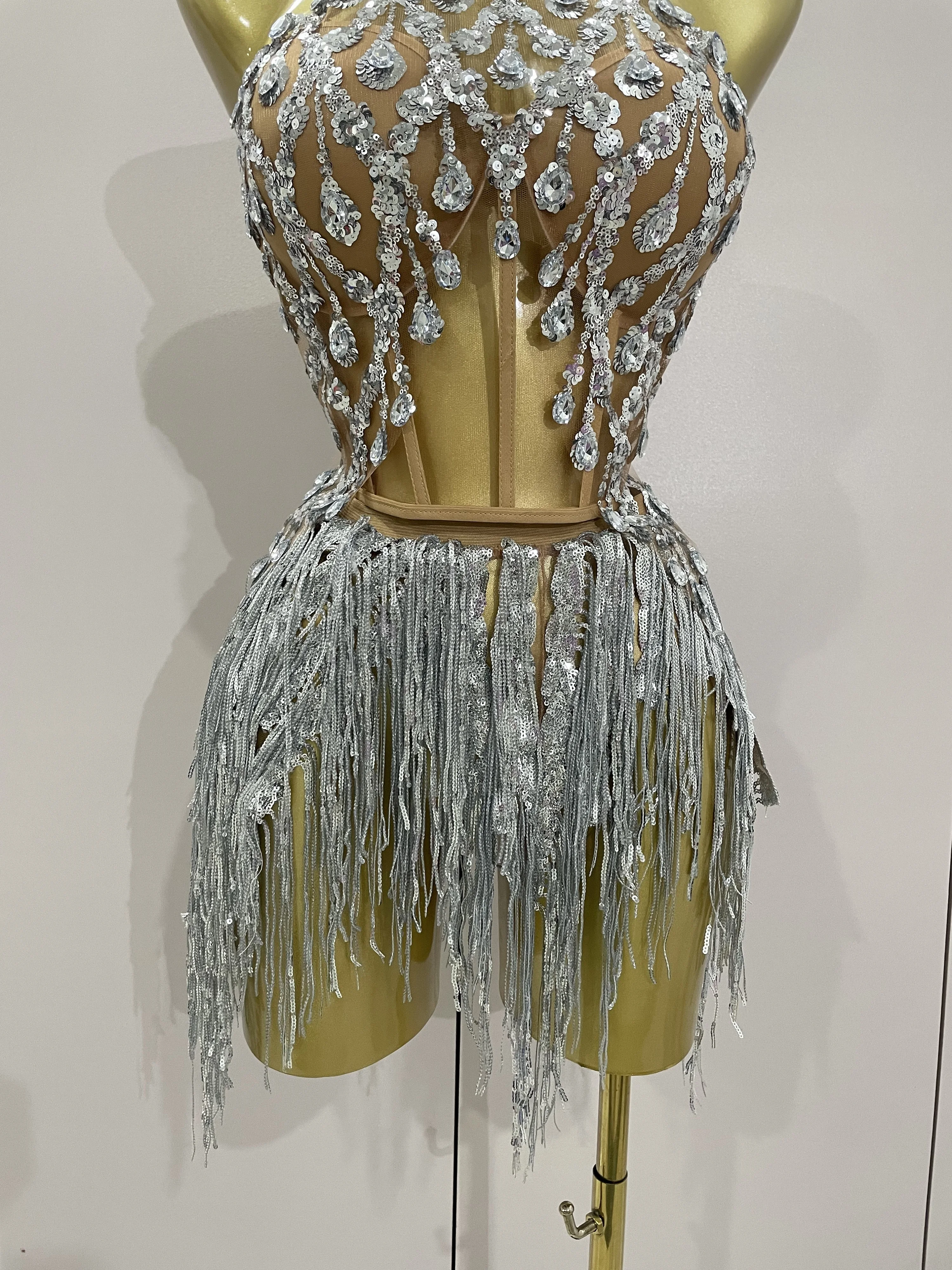 2025 Sexy Shining diamond Sequins Tassels 2 Pieces Set Mini Dress Women Evening Birthday Party Dress Nightclub DJ Stage Costume