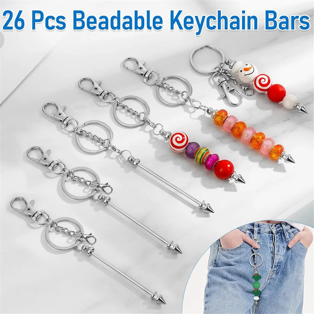 ABFKW 26Pcs Beadable Keychain Bar,Bead Keychain Beaded Keychain for Pendant DIY,Blank Keychain Accessories for Keychain Making