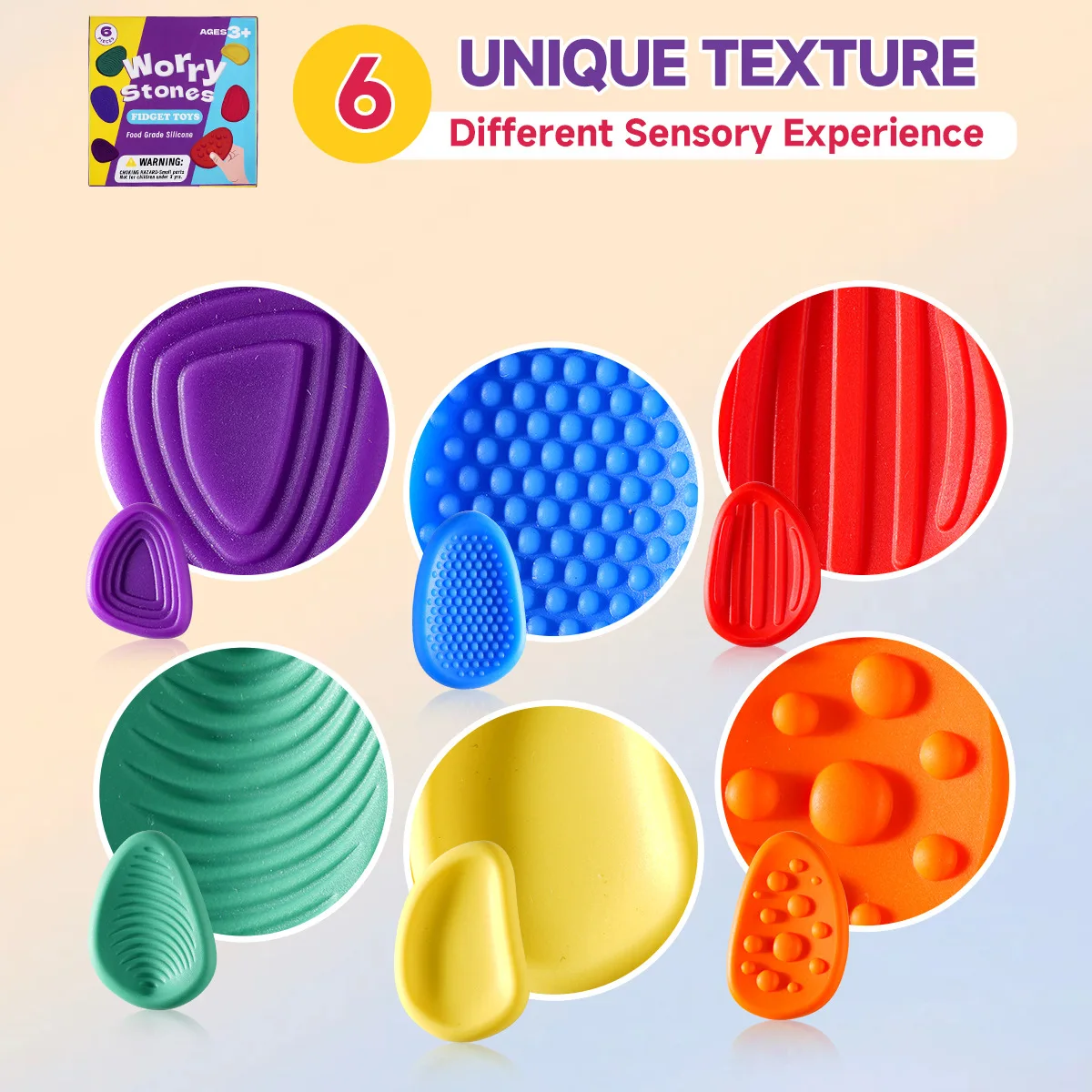 6Pcs Fidget Toys for Kids Adults Textured Sensory Silicone Stone for Autism Kids Calming Down Fidget Stress Relief Toys