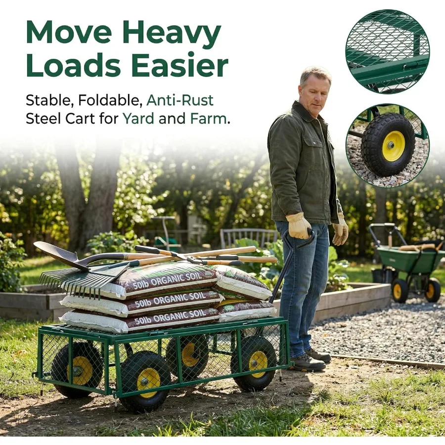 Heavy Duty 1000 Lbs Capacity Mesh Steel Garden Cart, Pullable Garden Wagons Carts on Wheels, Folding Utility Wagon with Removab