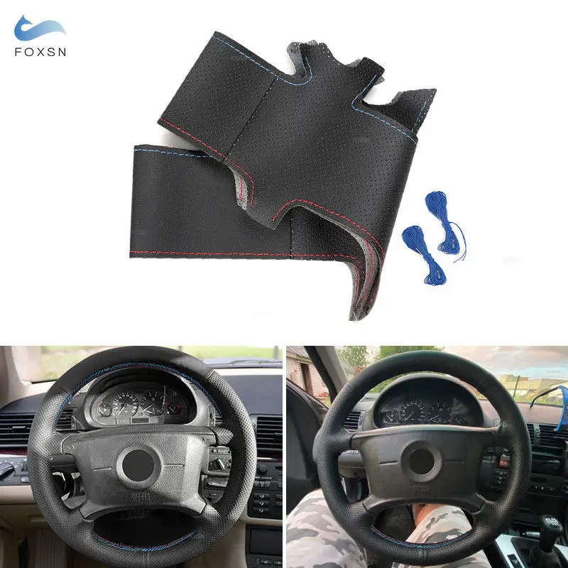 Car Steering Wheel Cover For BMW E36 E46 E39 E83 E53 Black-red blue line Perforated Microfiber Leather Braid w/ Needles & Thread