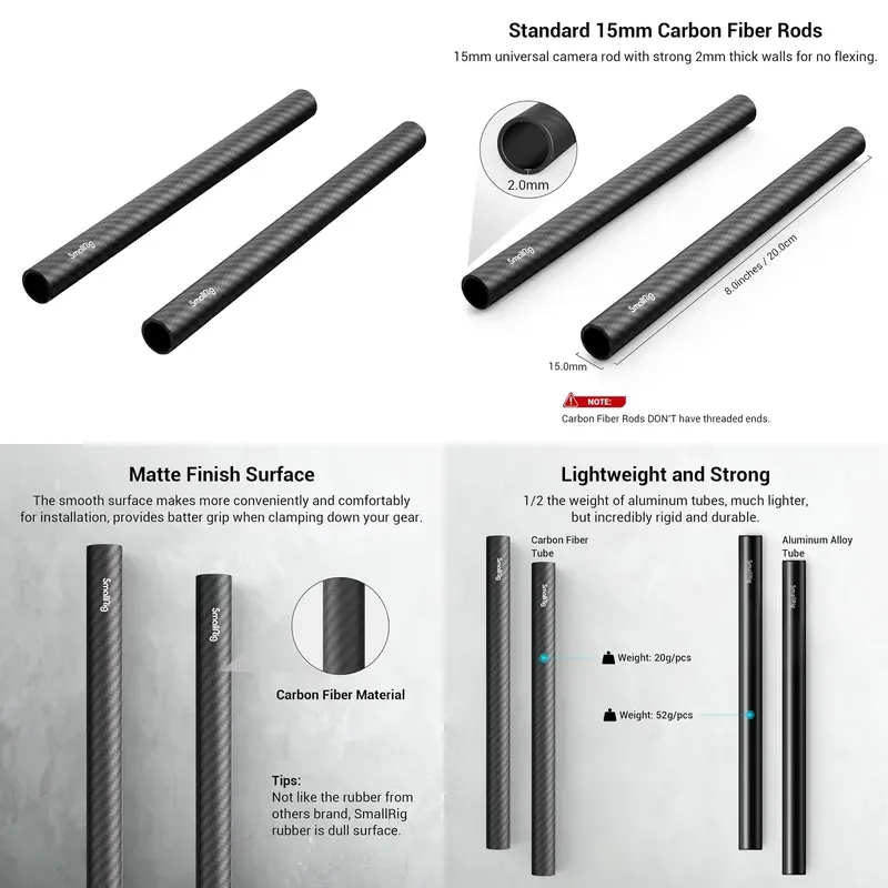 【CHIMU HOME】 For SmallRig 15mm Carbon Fiber Rod 8 Inch Long Pack of 2 Non Threaded Stabilizers for 15mm Rod Support System