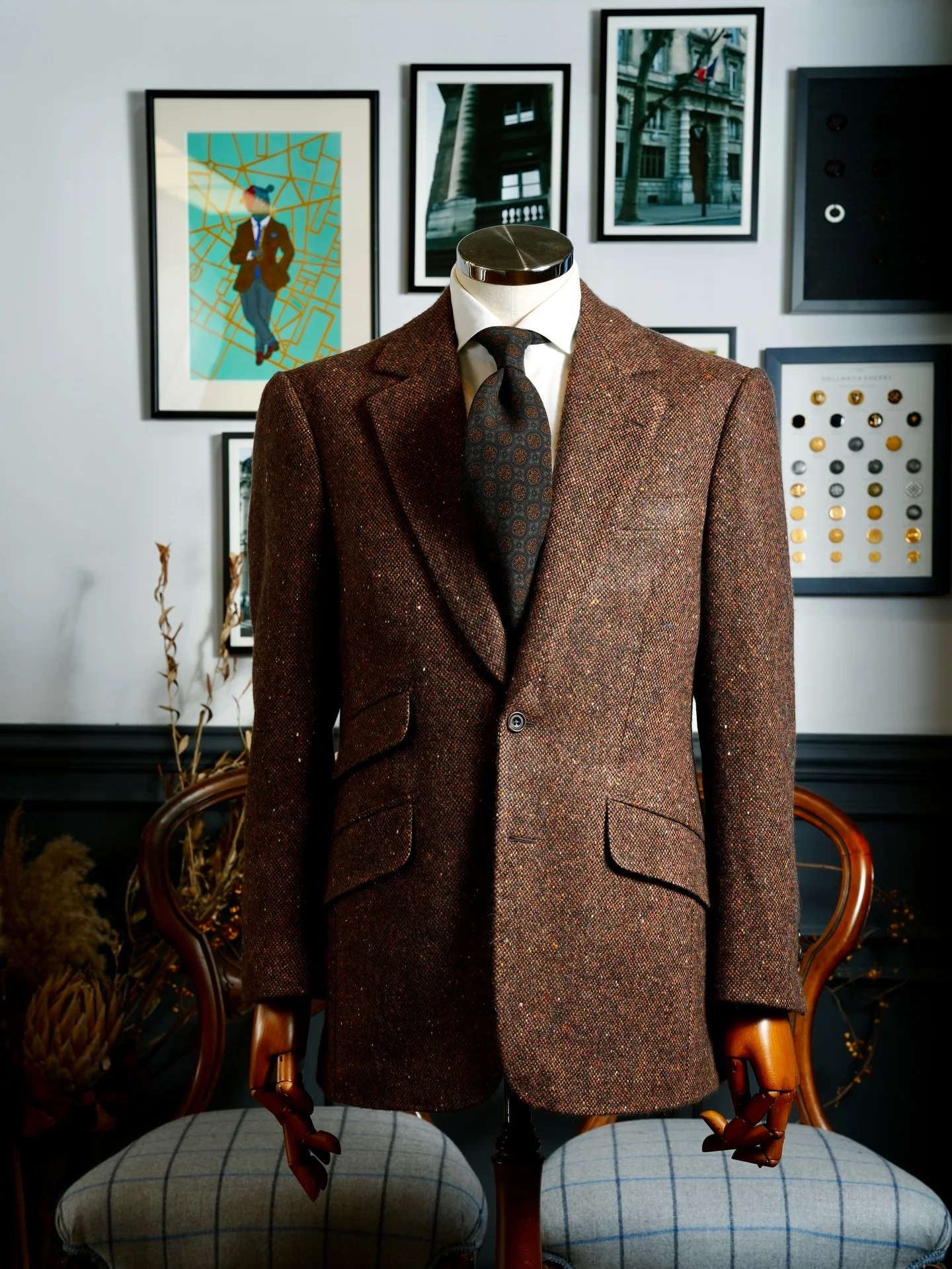 Classic Brown Donegal Tweed Sport Coat with Half Belt Back and Flap Pockets Men Autumn Vintage Blazer Customized M265458